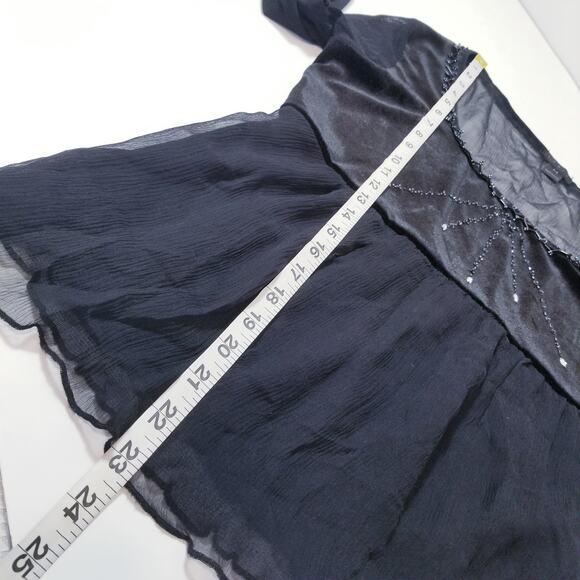 Lapis Sheer Silk Blend Velvet Rhinestones Embellished Ruffle Blouse - Picture 6 of 12